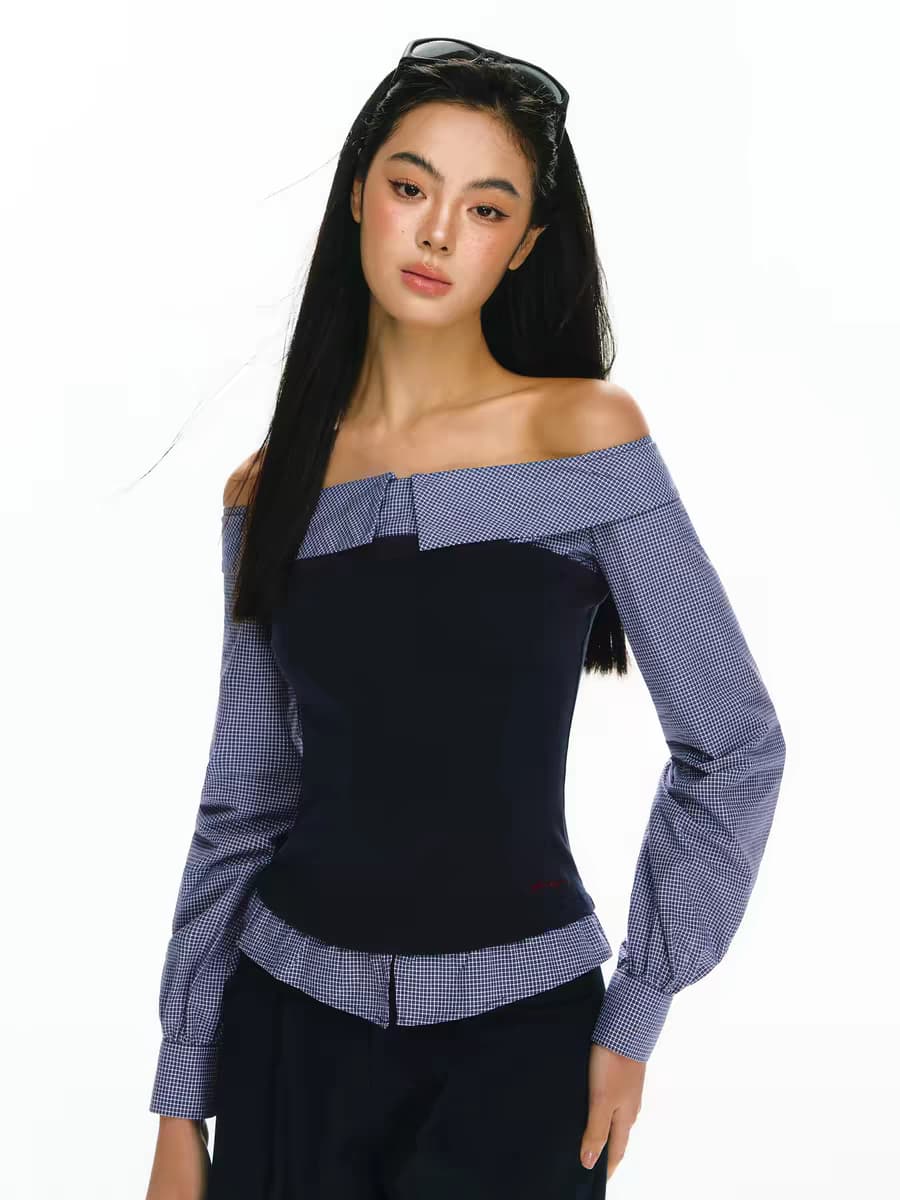 Темно-синий костюм с открытыми плечами - топ