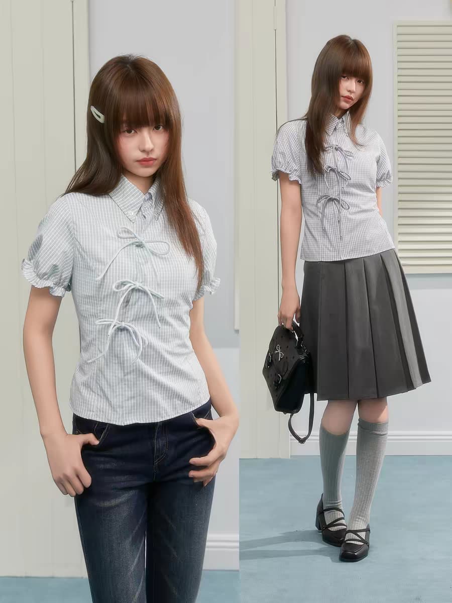 Клетчатая рубашка приталенная с завязками и пышными рукавами