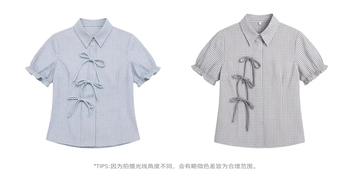 Клетчатая рубашка приталенная с завязками и пышными рукавами детальное фото 2