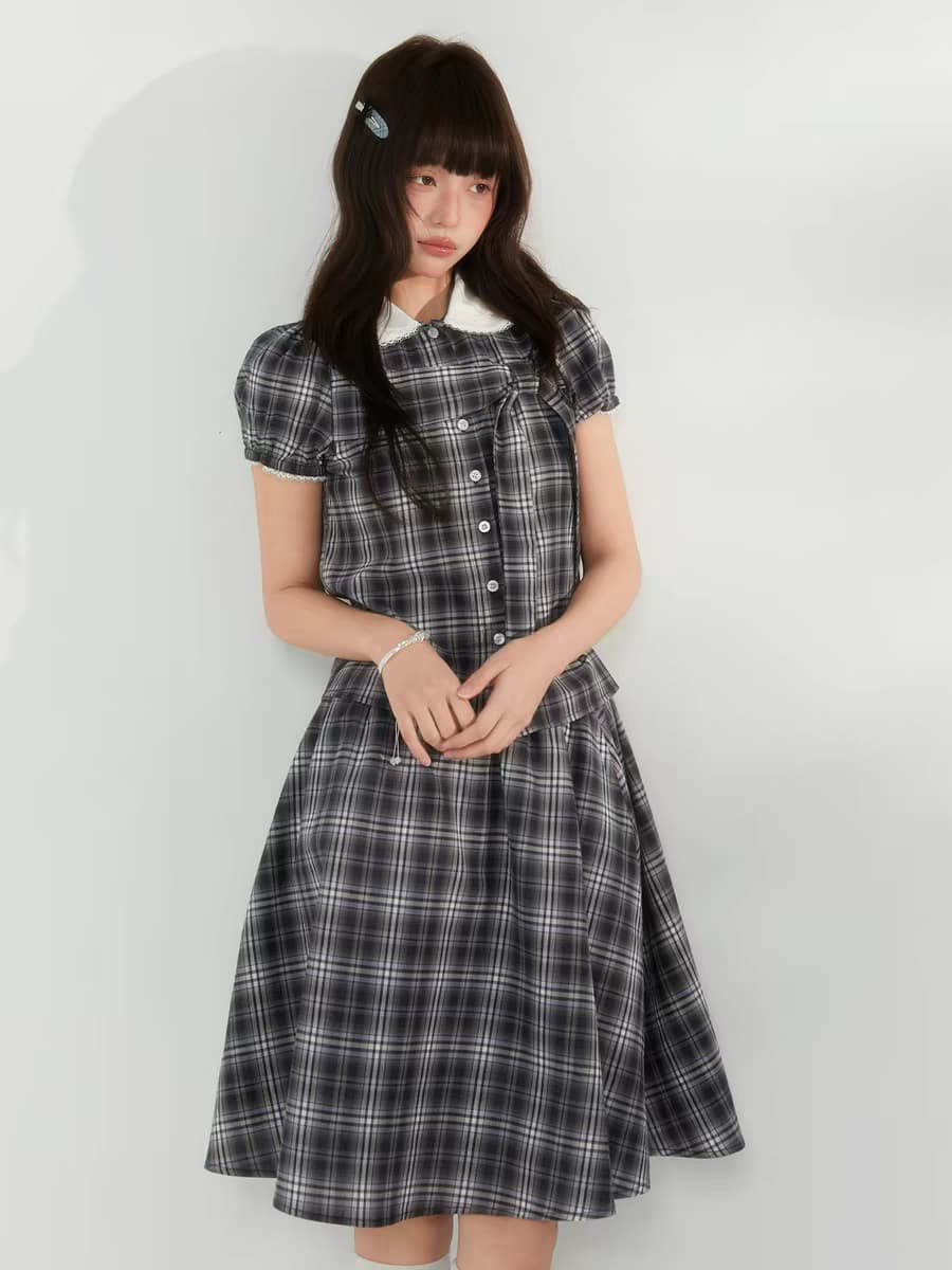 Комплект «Черно-белая клетка» с воротничком и завязками - топ