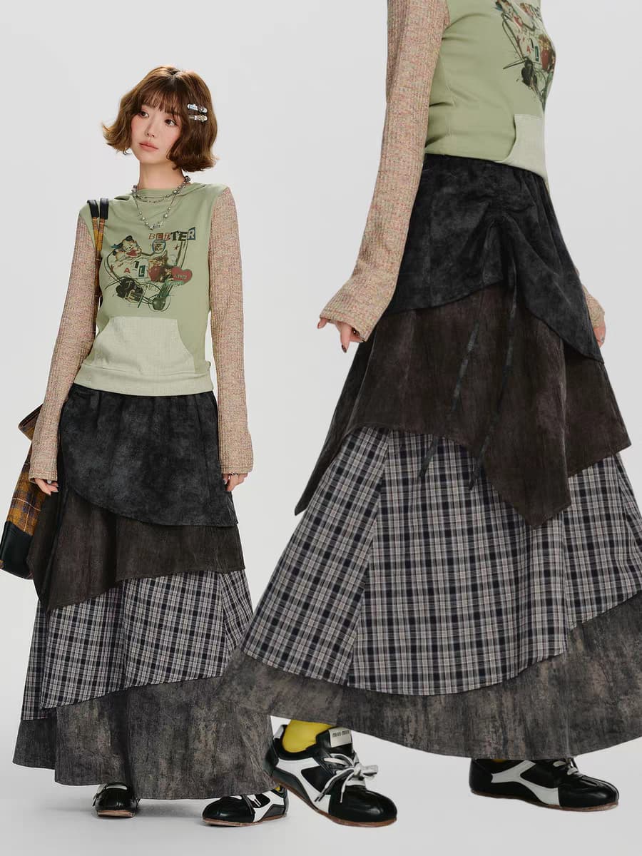 Многослойная юбка макси в клетку