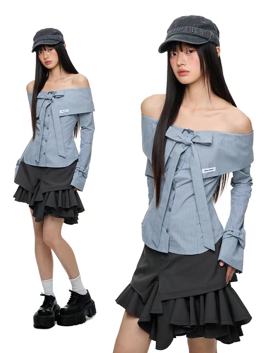 Блуза "Лавровая ночь" с бантом и открытыми плечами