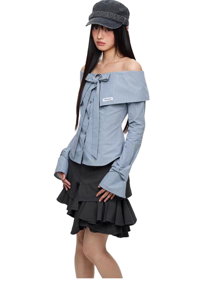 Блуза "Лавровая ночь" с бантом и открытыми плечами детальное фото 12