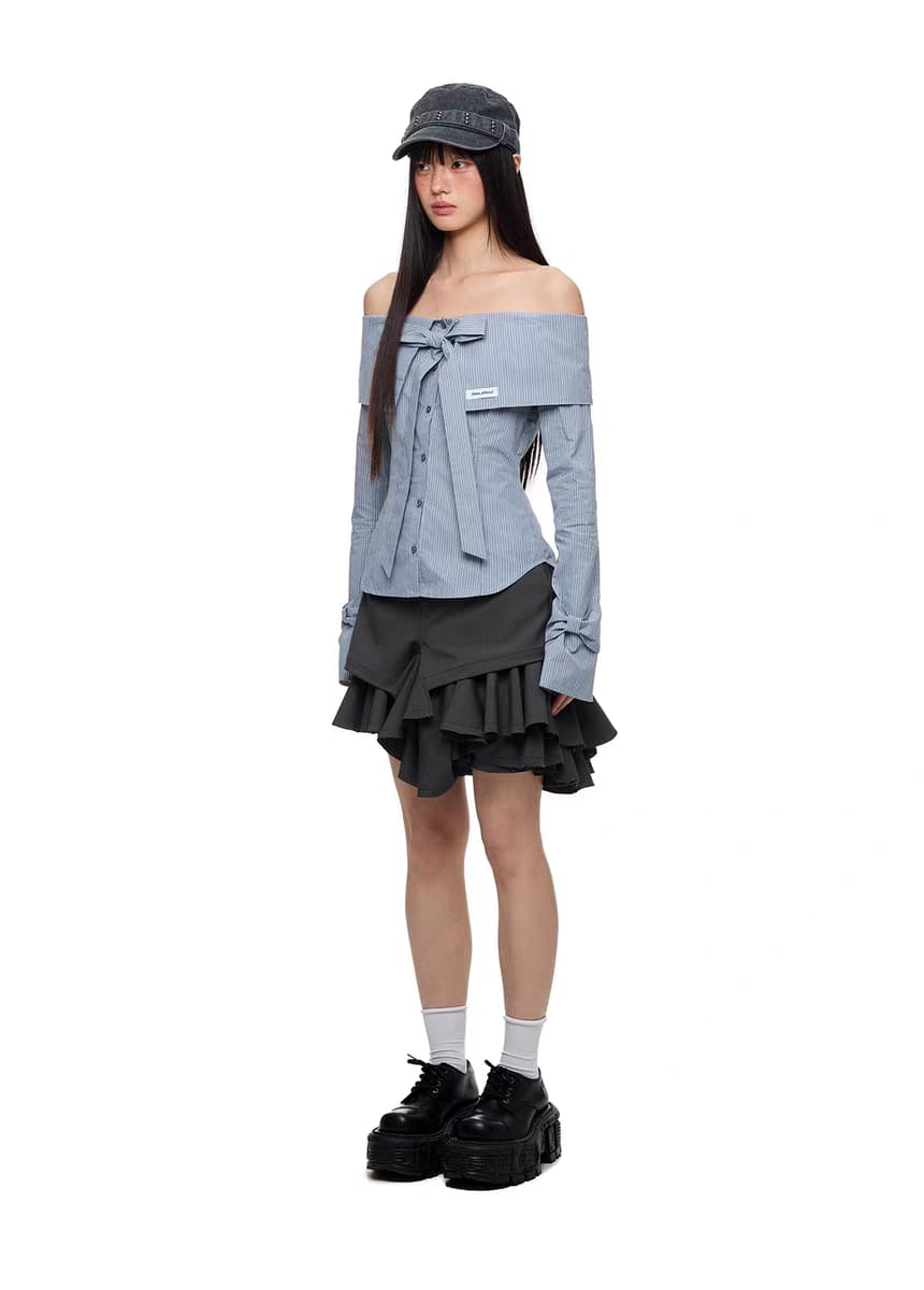 Блуза "Лавровая ночь" с бантом и открытыми плечами детальное фото 13