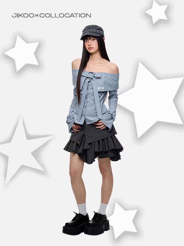 Блуза "Лавровая ночь" с бантом и открытыми плечами детальное фото 3