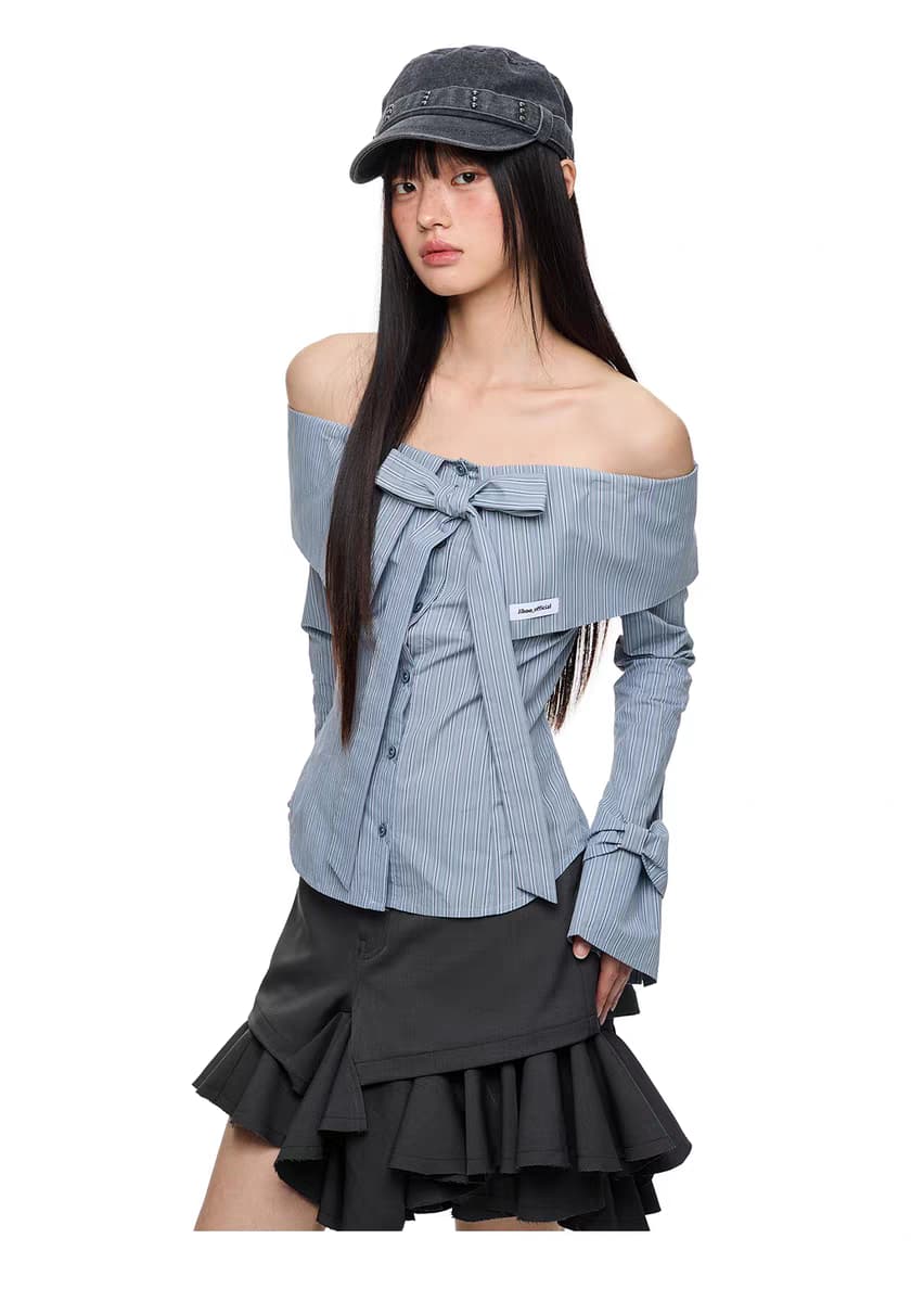 Блуза "Лавровая ночь" с бантом и открытыми плечами детальное фото 8