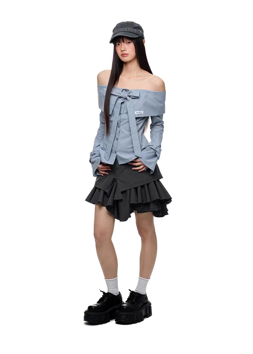 Блуза "Лавровая ночь" с бантом и открытыми плечами детальное фото 9