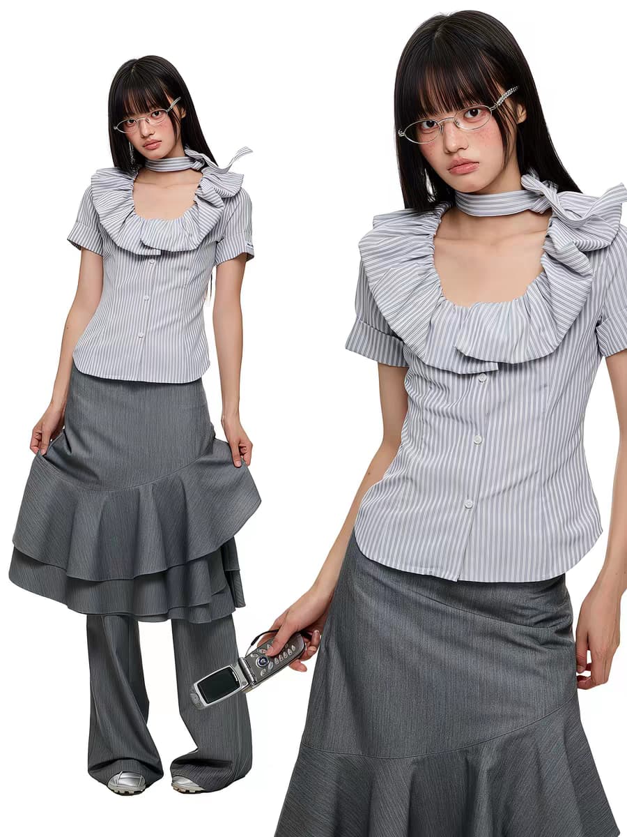 Блуза "Поющий можжевельник" с галстуком и воланами