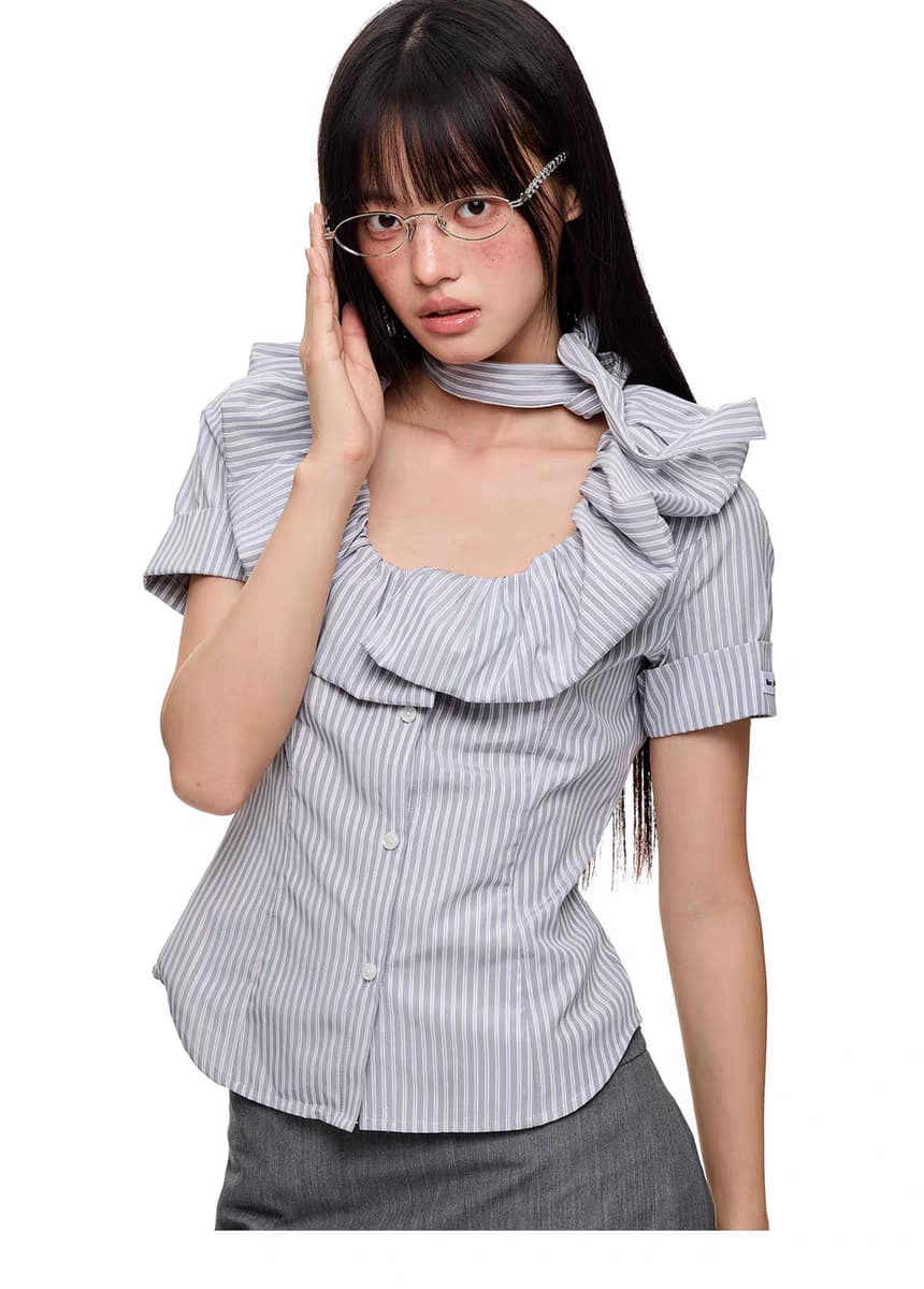 Блуза "Поющий можжевельник" с галстуком и воланами детальное фото 10