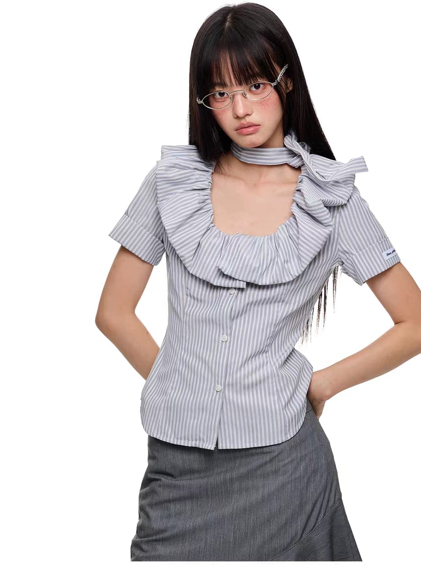 Блуза "Поющий можжевельник" с галстуком и воланами детальное фото 13