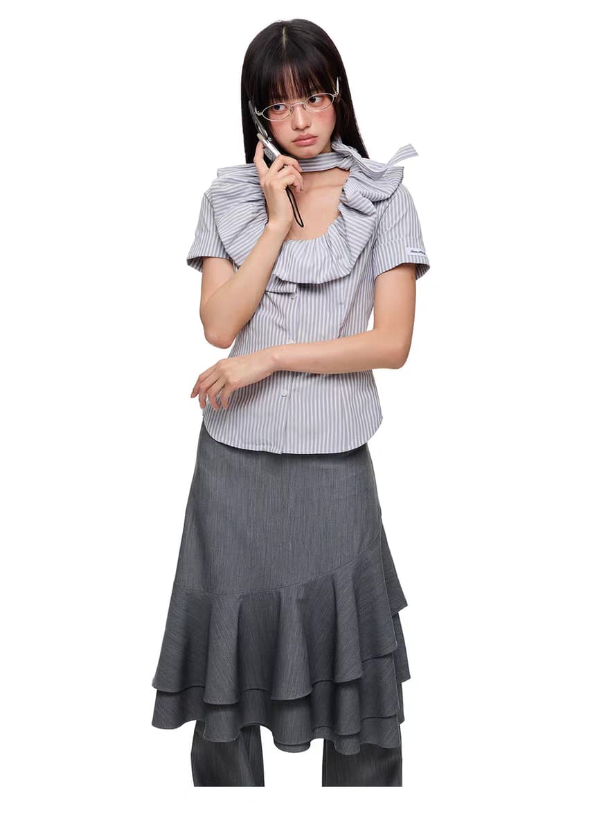 Блуза "Поющий можжевельник" с галстуком и воланами детальное фото 15