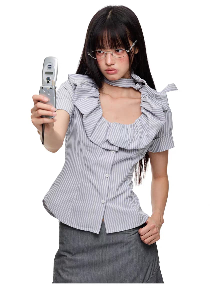 Блуза "Поющий можжевельник" с галстуком и воланами детальное фото 7