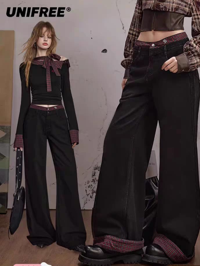 Чёрные брюки в клетку с отворотами