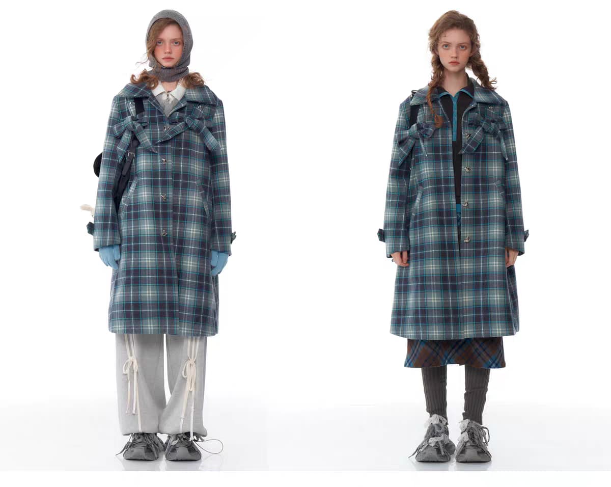 Пальто с бантом в клетку детальное фото 3