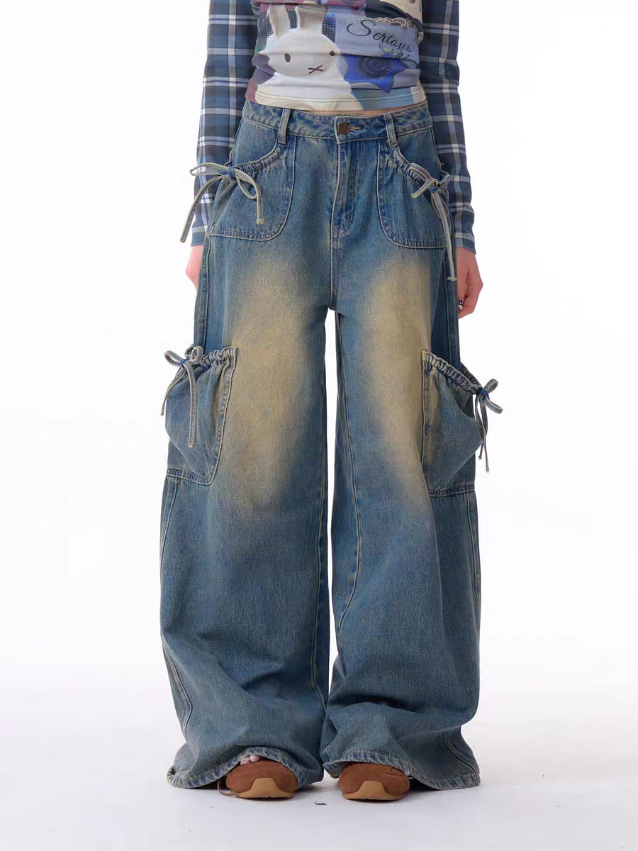 Джинсы карго с бантом и высокой талией