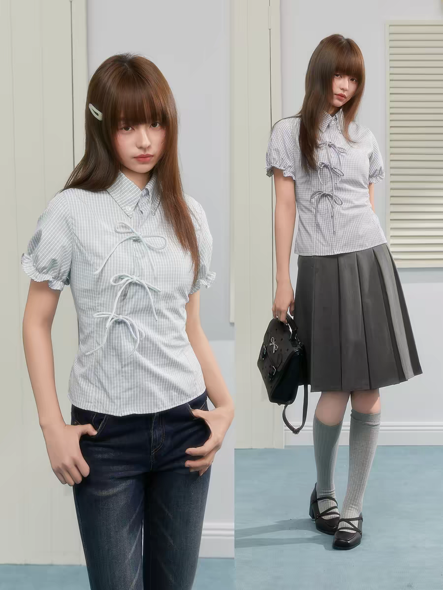 Клетчатая рубашка приталенная с завязками и пышными рукавами