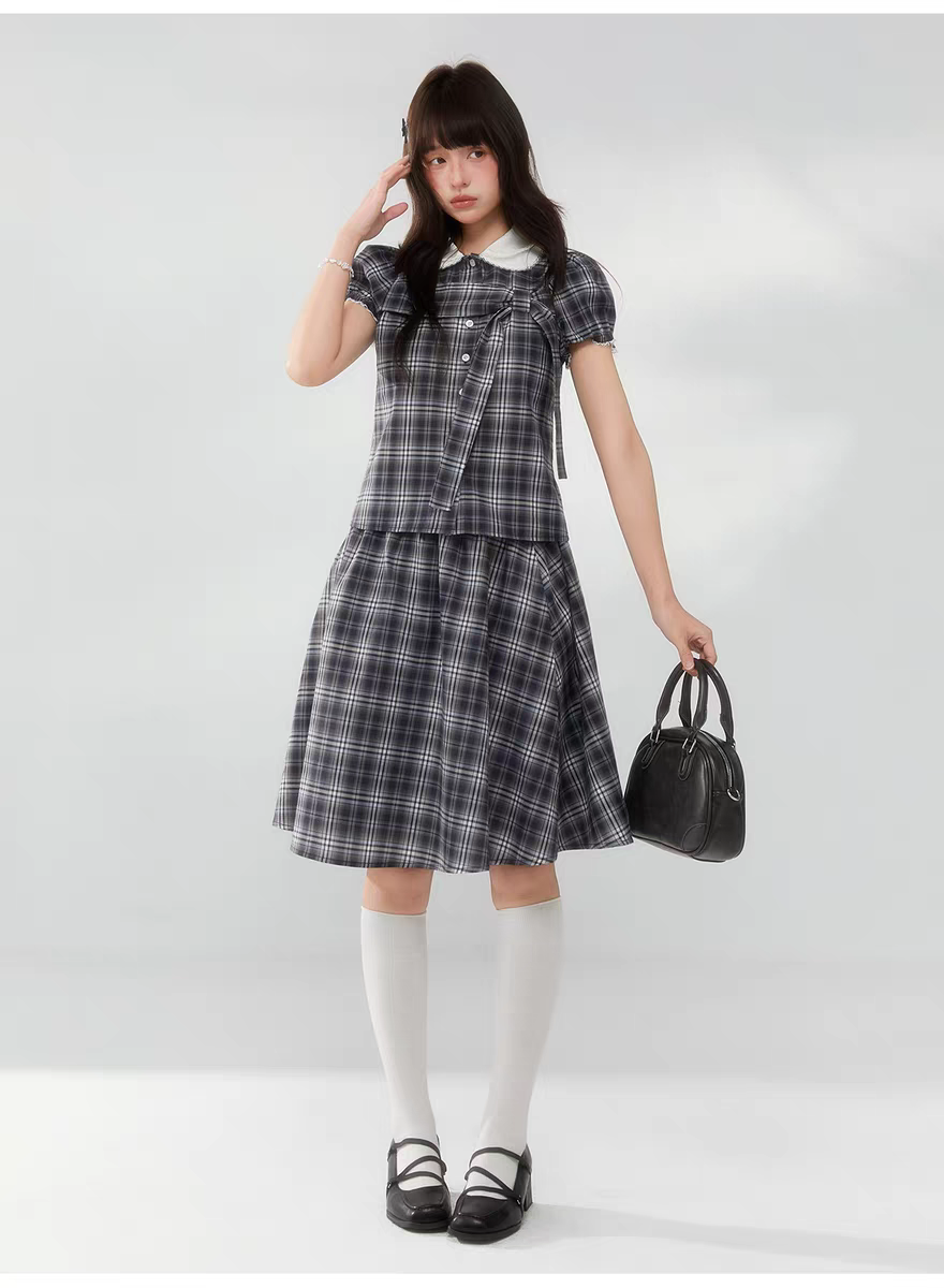 Комплект «Черно-белая клетка» с воротничком и завязками - юбка детальное фото 10