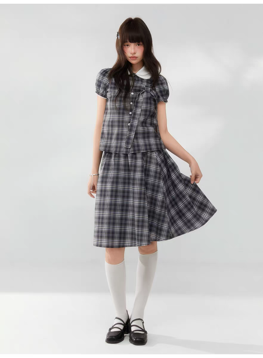 Комплект «Черно-белая клетка» с воротничком и завязками - юбка детальное фото 11