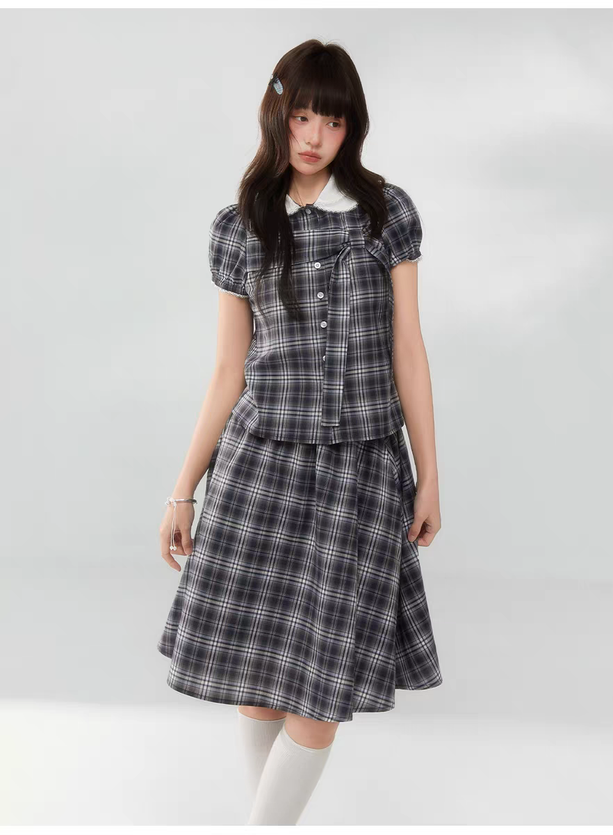 Комплект «Черно-белая клетка» с воротничком и завязками - юбка детальное фото 13