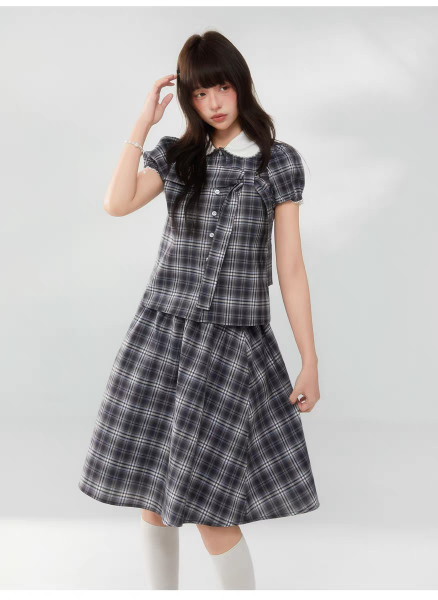 Комплект «Черно-белая клетка» с воротничком и завязками - юбка детальное фото 14