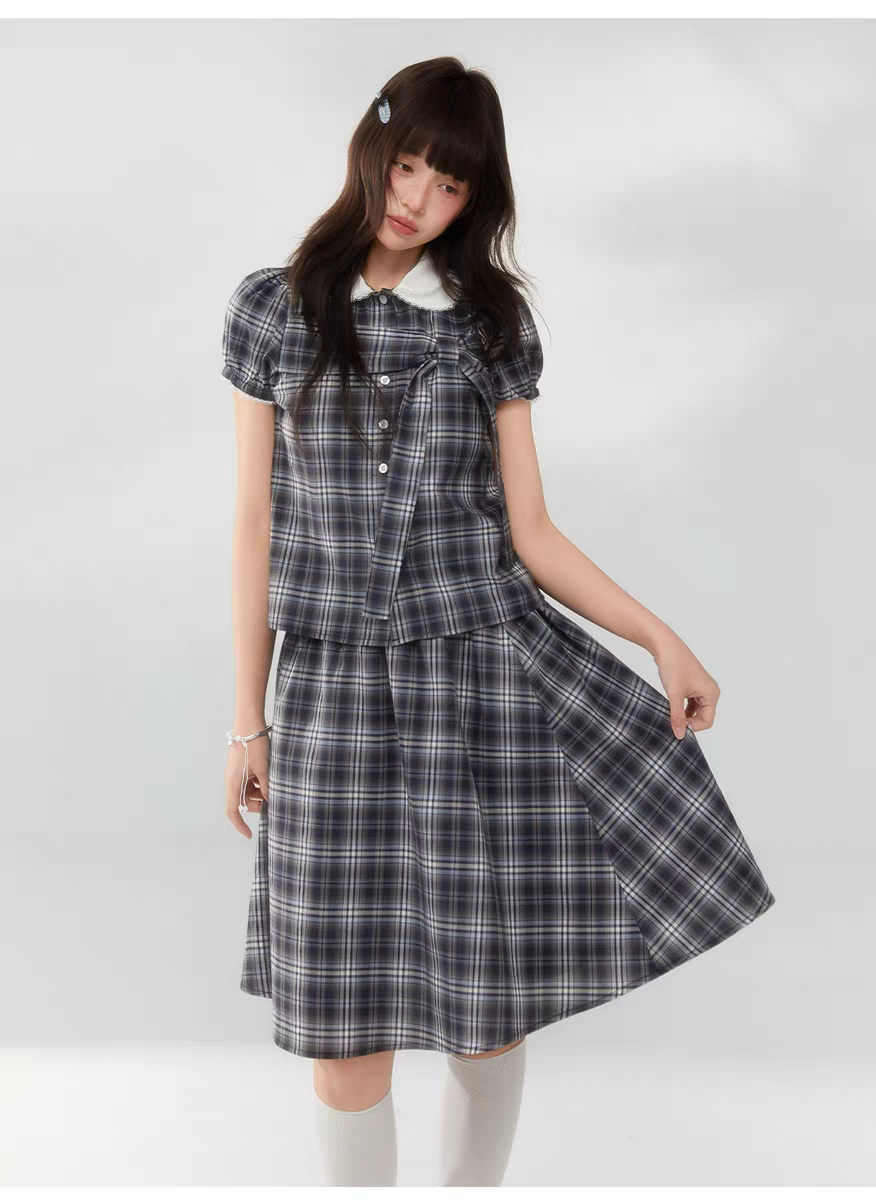 Комплект «Черно-белая клетка» с воротничком и завязками - юбка детальное фото 15