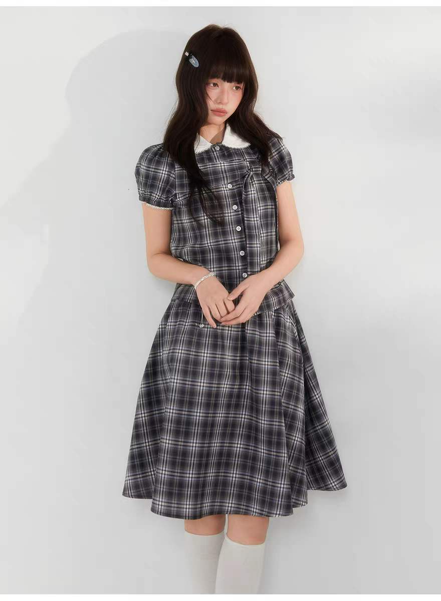 Комплект «Черно-белая клетка» с воротничком и завязками - юбка детальное фото 4