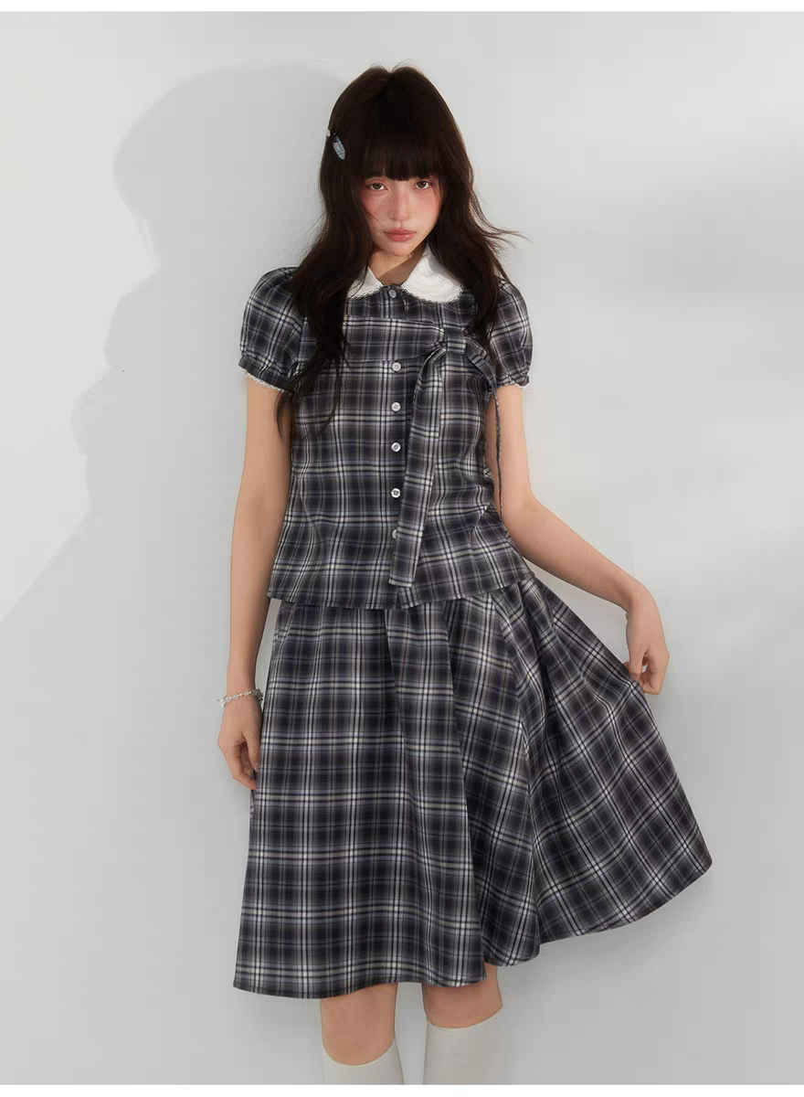 Комплект «Черно-белая клетка» с воротничком и завязками - юбка детальное фото 5