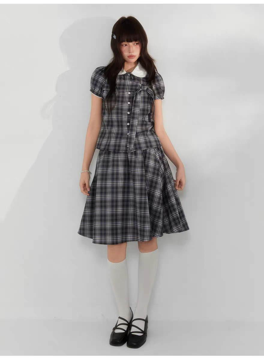 Комплект «Черно-белая клетка» с воротничком и завязками - юбка детальное фото 7