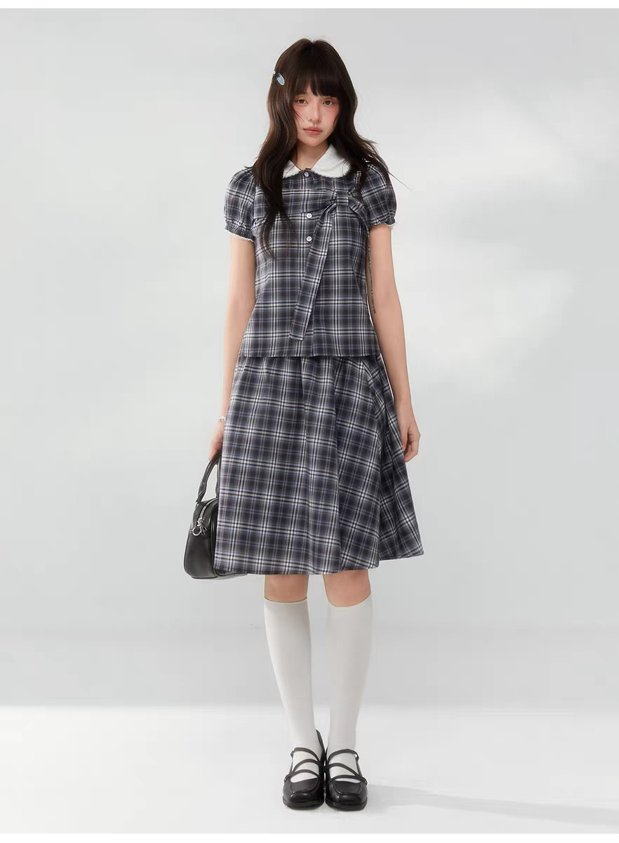 Комплект «Черно-белая клетка» с воротничком и завязками - юбка детальное фото 8