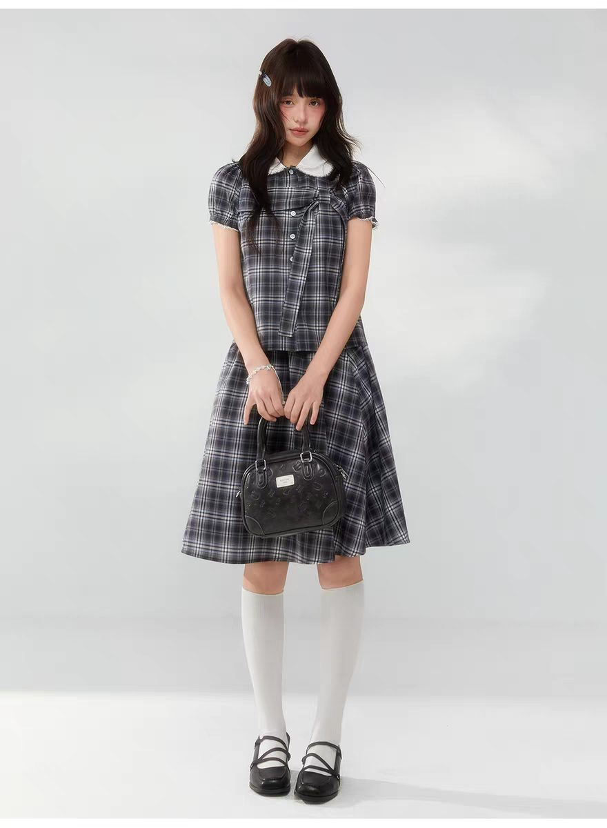 Комплект «Черно-белая клетка» с воротничком и завязками - юбка детальное фото 9