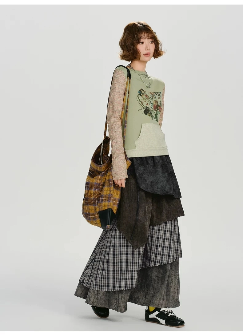 Многослойная юбка макси в клетку детальное фото 7