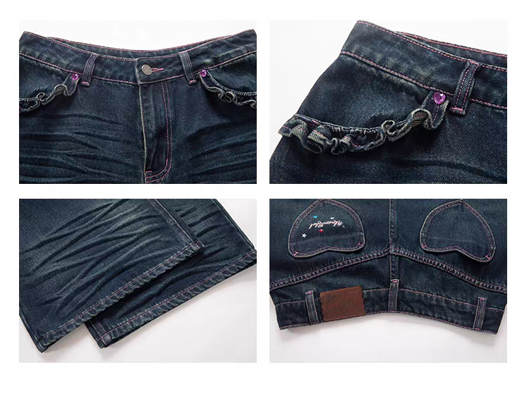 Синие джинсы с вышивкой и рюшами детальное фото 6