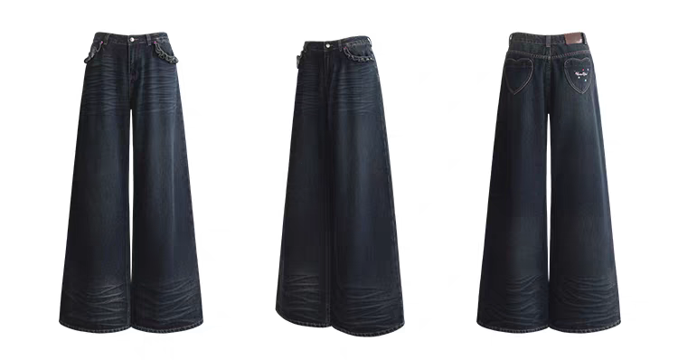 Синие джинсы с вышивкой и рюшами детальное фото 7