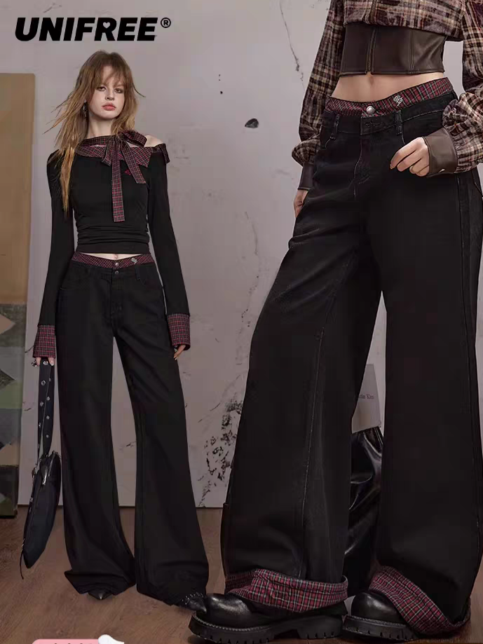 Чёрные брюки в клетку с отворотами