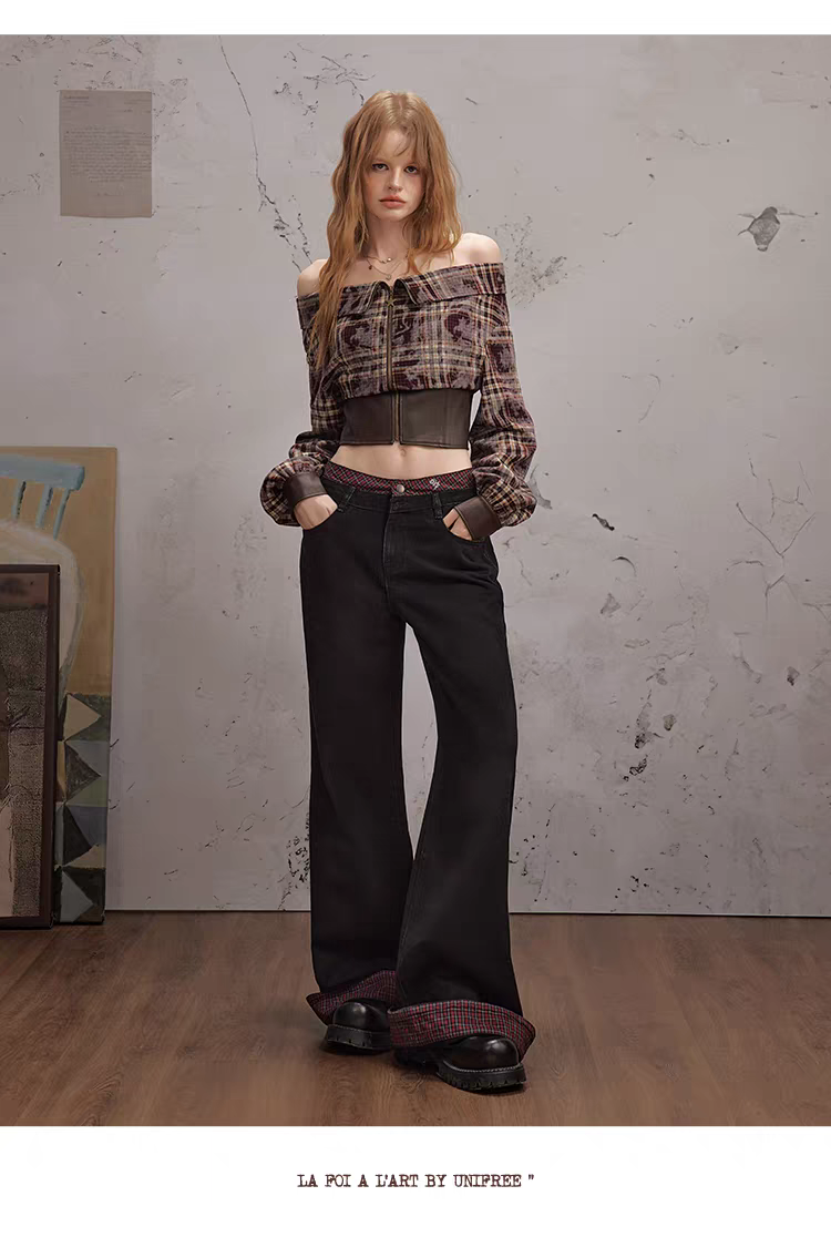 Чёрные брюки в клетку с отворотами детальное фото 11