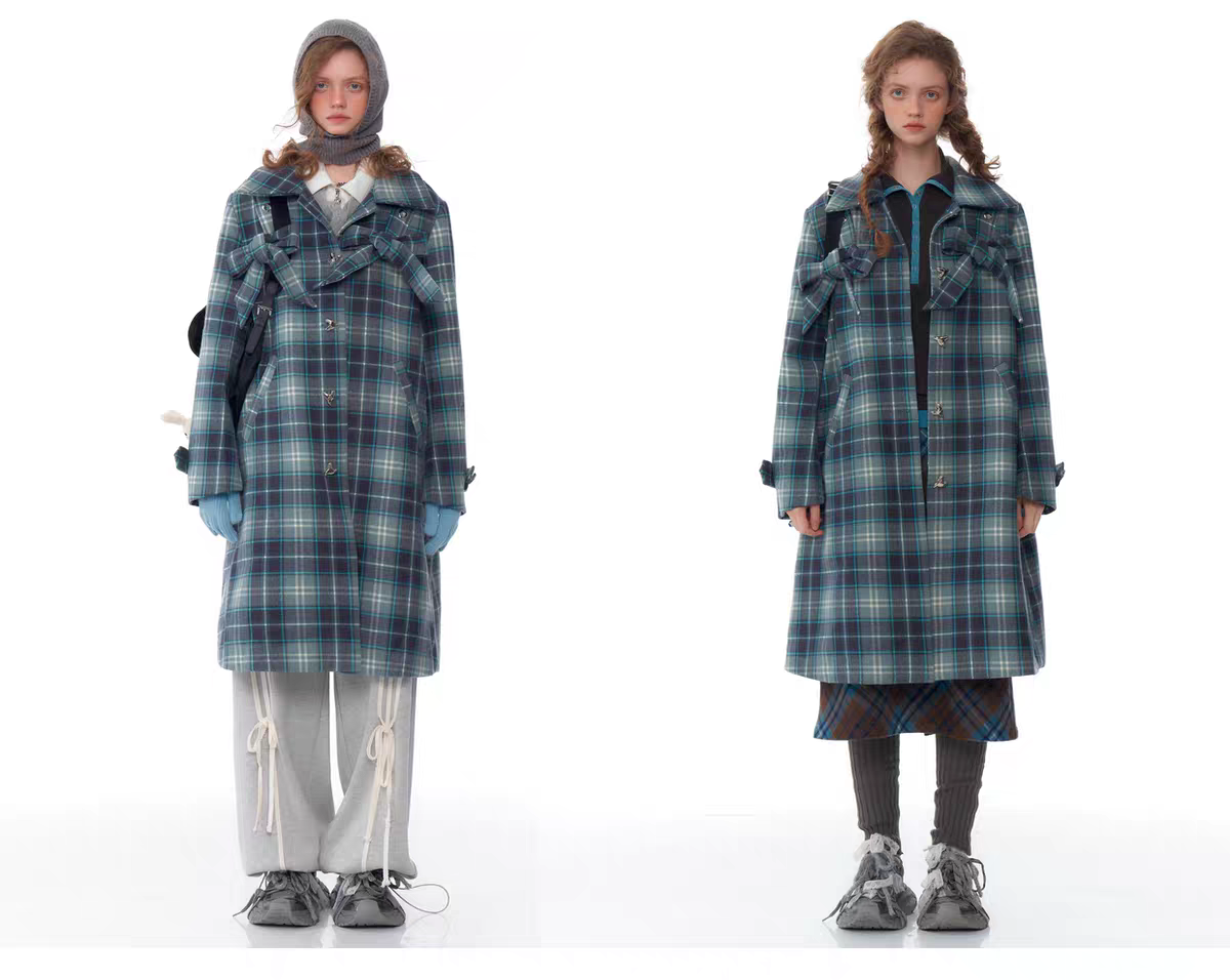 Пальто с бантом в клетку детальное фото 3