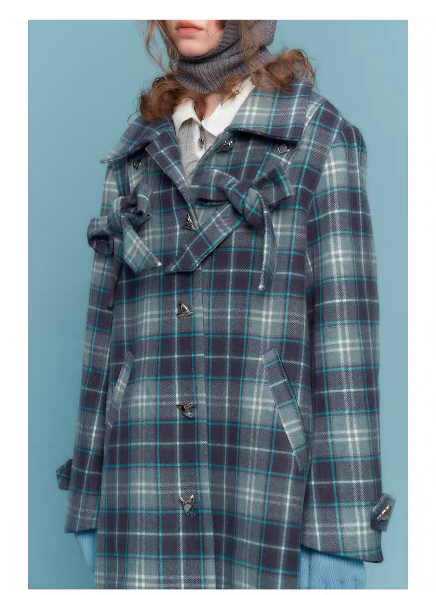 Пальто с бантом в клетку детальное фото 5