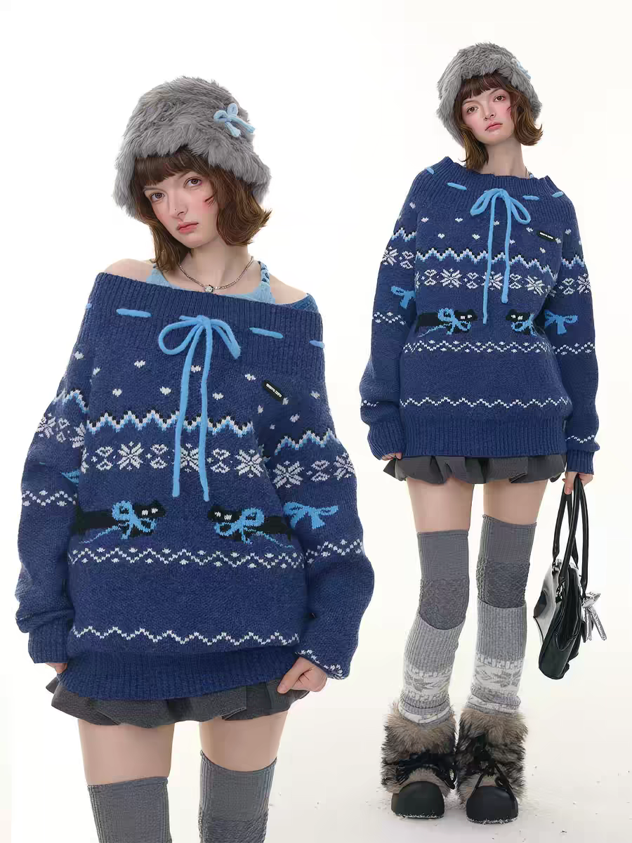 Свитер с бантом и норвежским узором