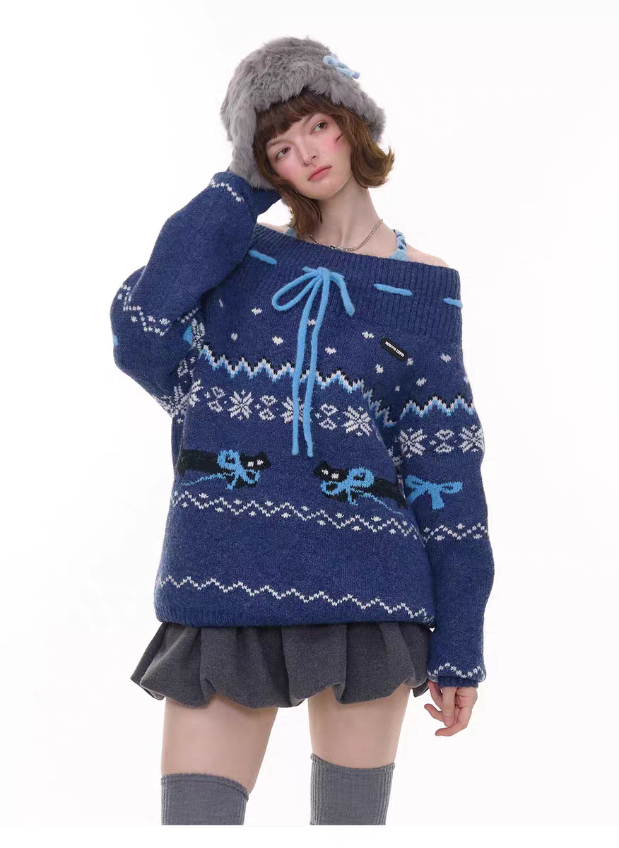 Свитер с бантом и норвежским узором детальное фото 3