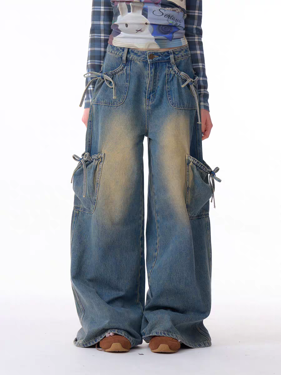 Джинсы карго с бантом и высокой талией