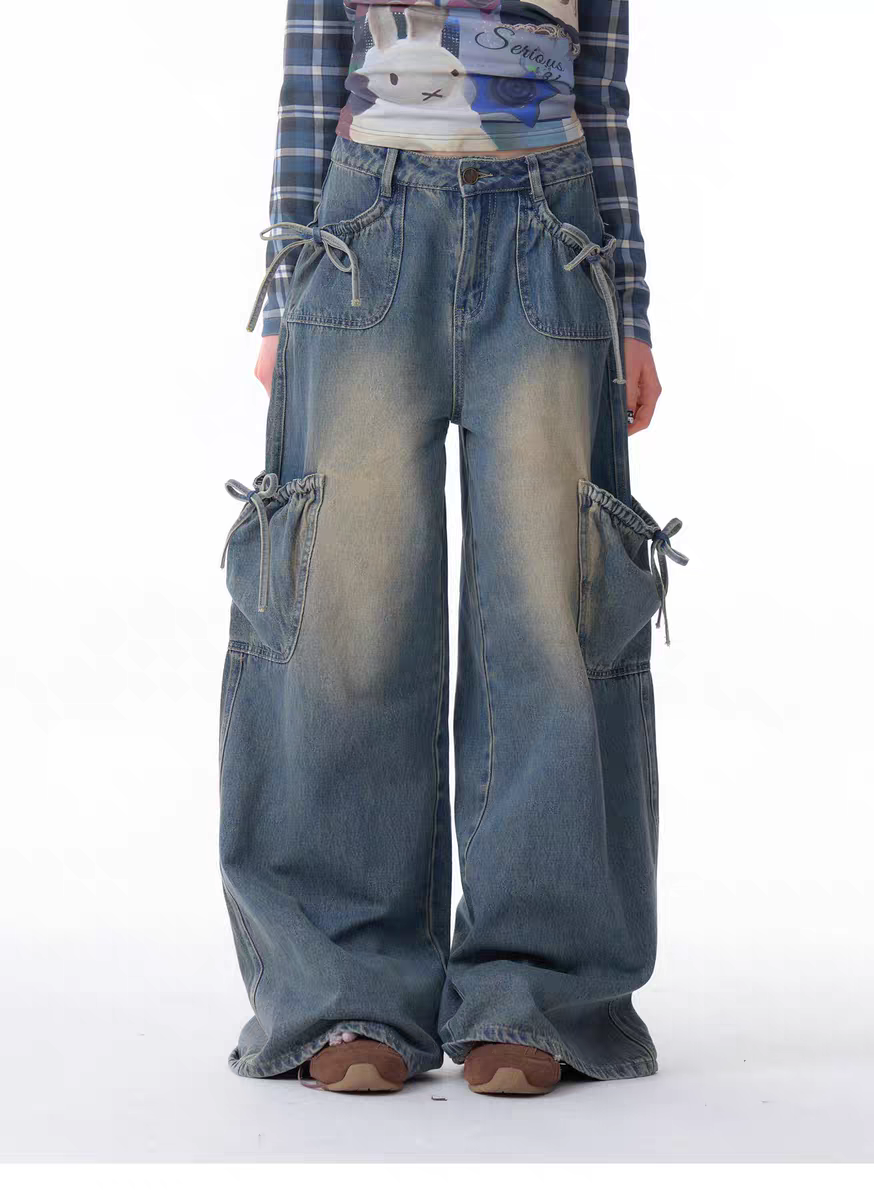 Джинсы карго с бантом и высокой талией детальное фото 4