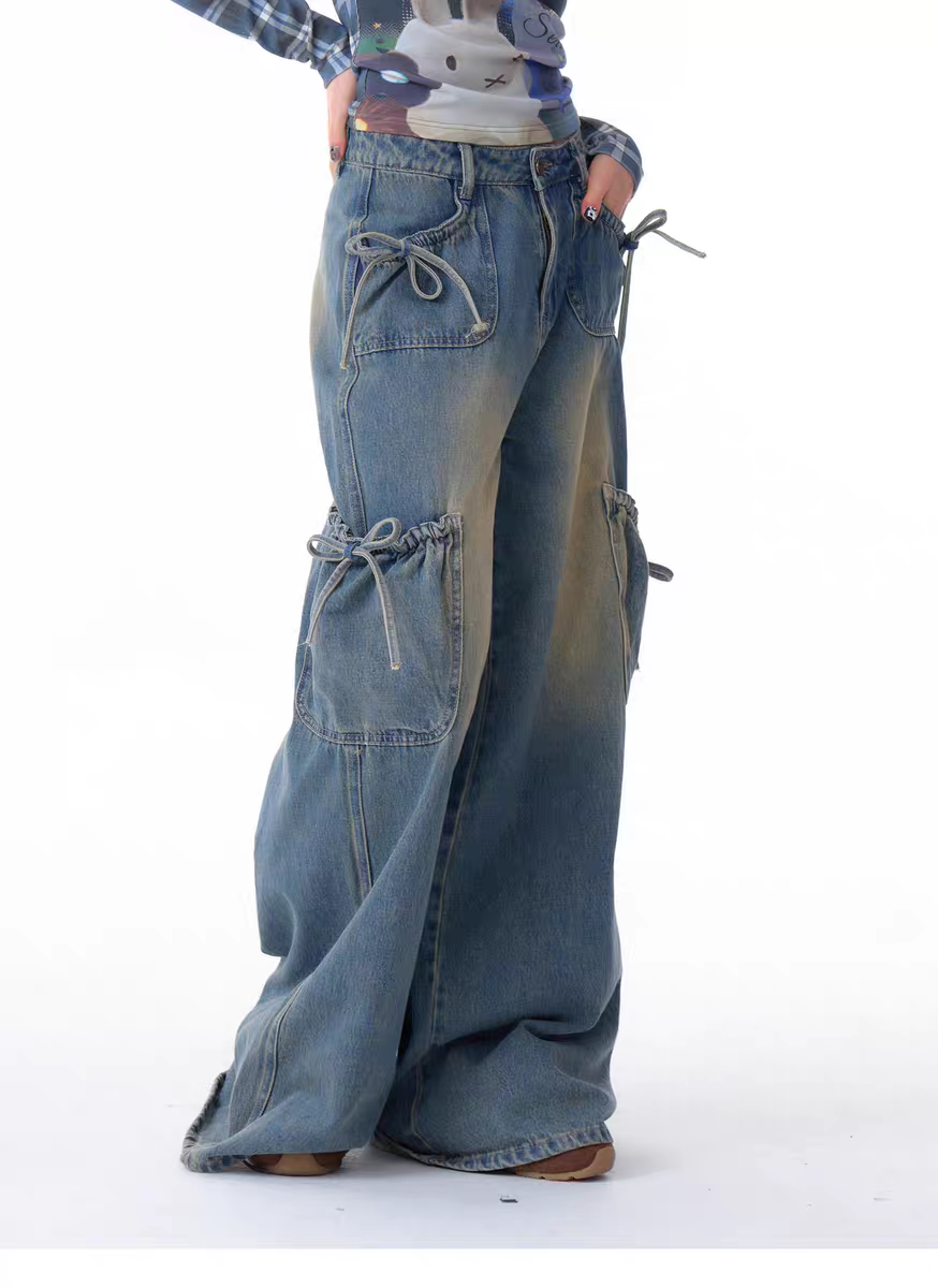 Джинсы карго с бантом и высокой талией детальное фото 5