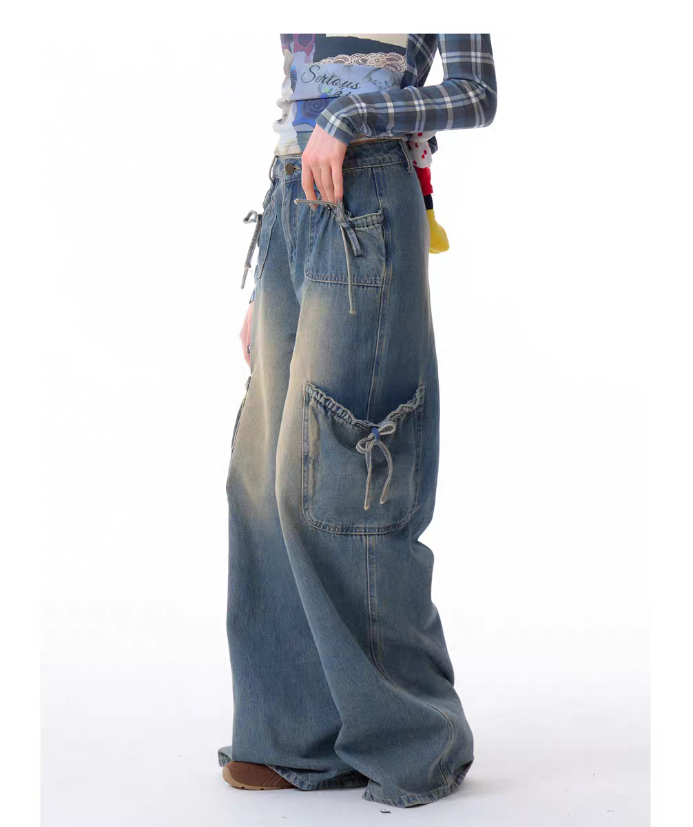 Джинсы карго с бантом и высокой талией детальное фото 6